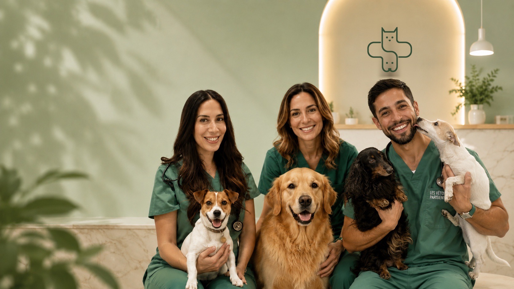 L'équipe des Vétos Parisiens en tenue verte, souriante, avec un golden retriever, un teckel et deux Jack Russell dans la clinique.