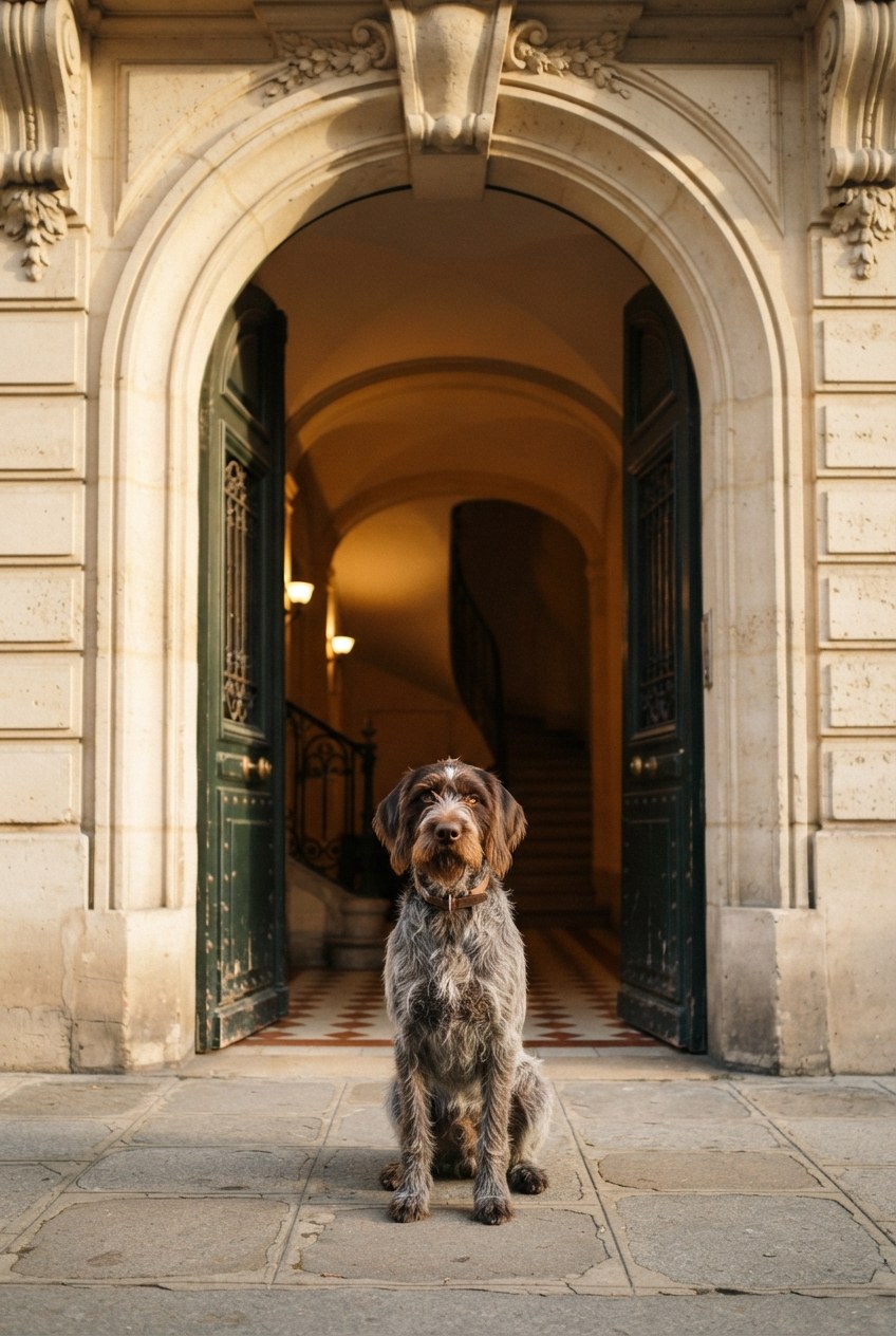 Chien attendant devant une porte cochère parisienne