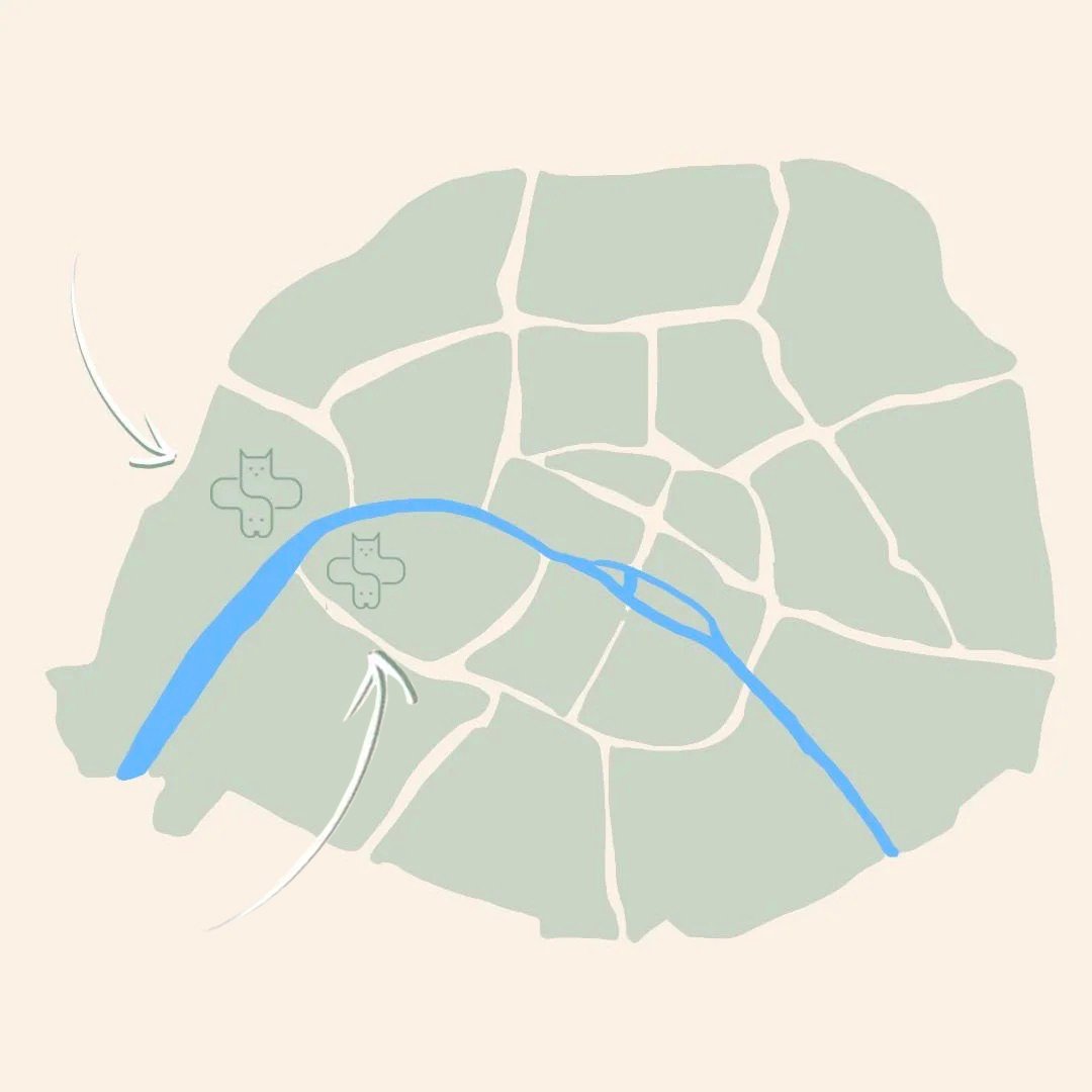 Carte illustrée de Paris situant les deux cliniques Les Vétos Parisiens, dans les 7ᵉ et 16ᵉ arrondissements.